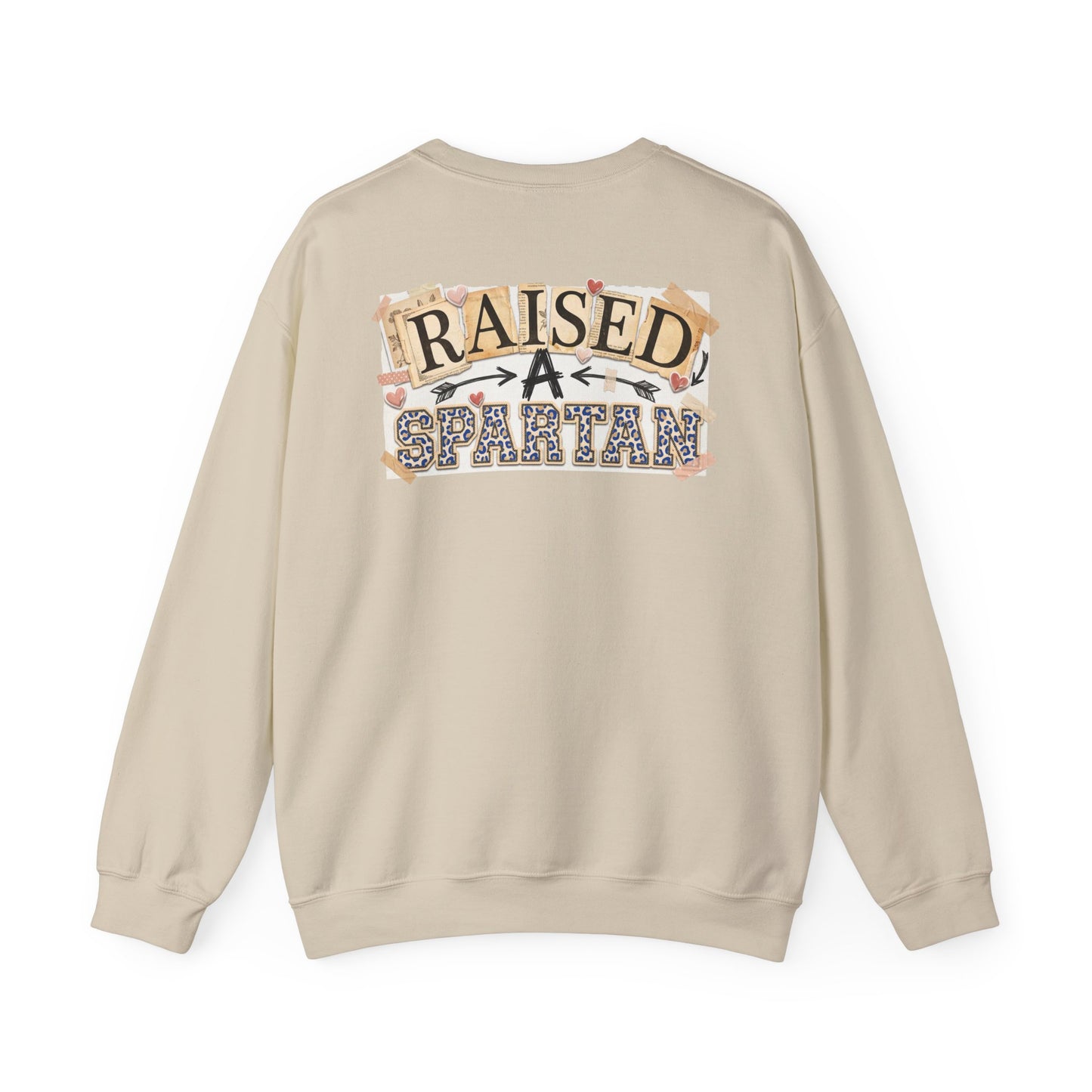 Raised A Spartan Crewneck Gildan Sweatshirt with Spartan Logo