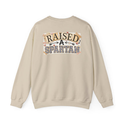 Raised A Spartan Crewneck Gildan Sweatshirt with Spartan Logo