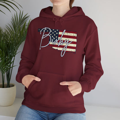 Oklahoma Flag Hoodie with "Bixby" Script Gildan Hoodie