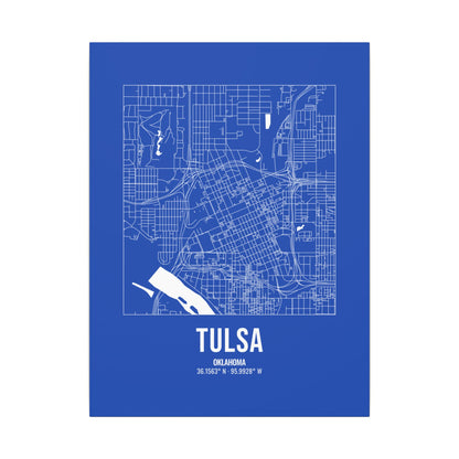 Tulsa Street Map Canvas, White on Royal Blue