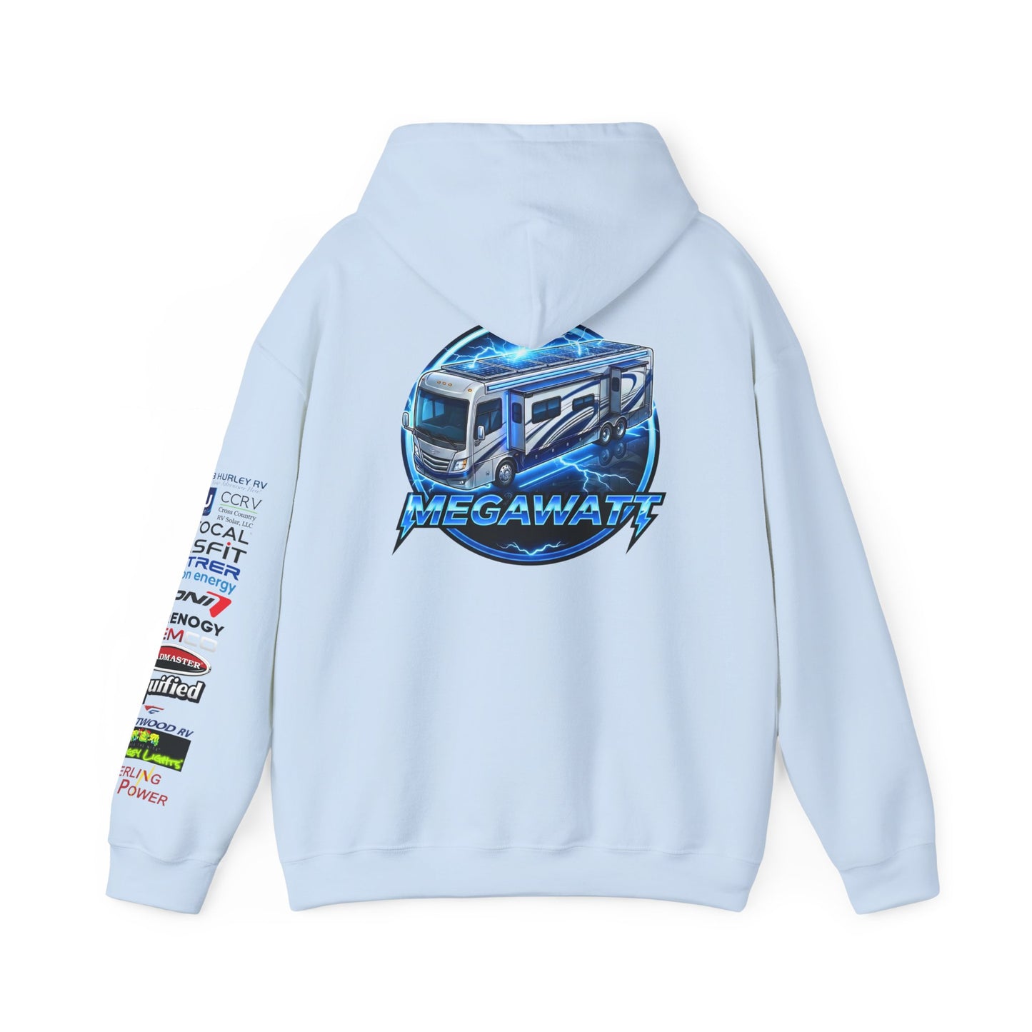 RV Megawatt Hoodie — Retro Camper Graphic Pullover with Sponsor Sleeve Logos