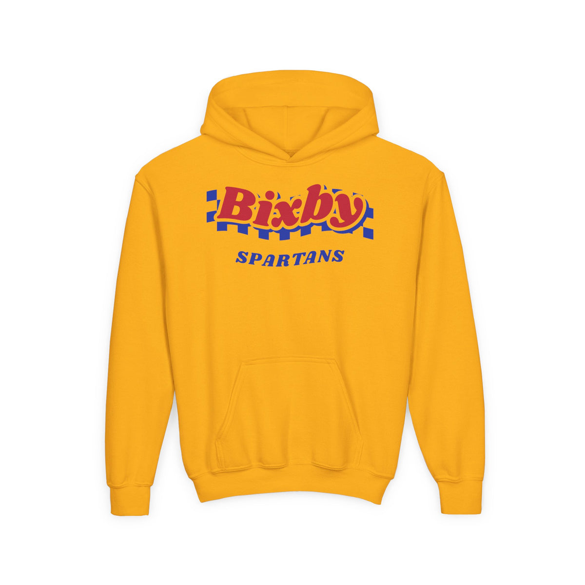Bixby Spartans Retro Blue Checkered Script Youth Hoodie – Kids Vintage Game Day Hoodie