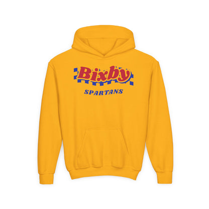 Bixby Spartans Retro Blue Checkered Script Youth Hoodie – Kids Vintage Game Day Hoodie