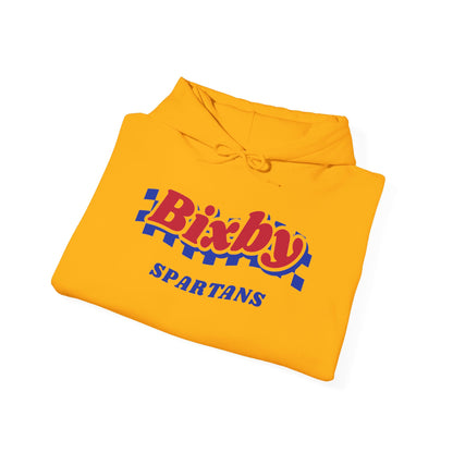 Bixby Spartans Retro Blue Checkered Script Hoodie – Vintage Game Day Hooded Sweatshirt