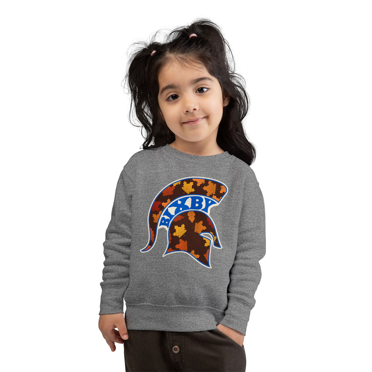 Bixby Spartans Fall Leaves Helmet Toddler Sweatshirt – Little Spartan Autumn Crewneck