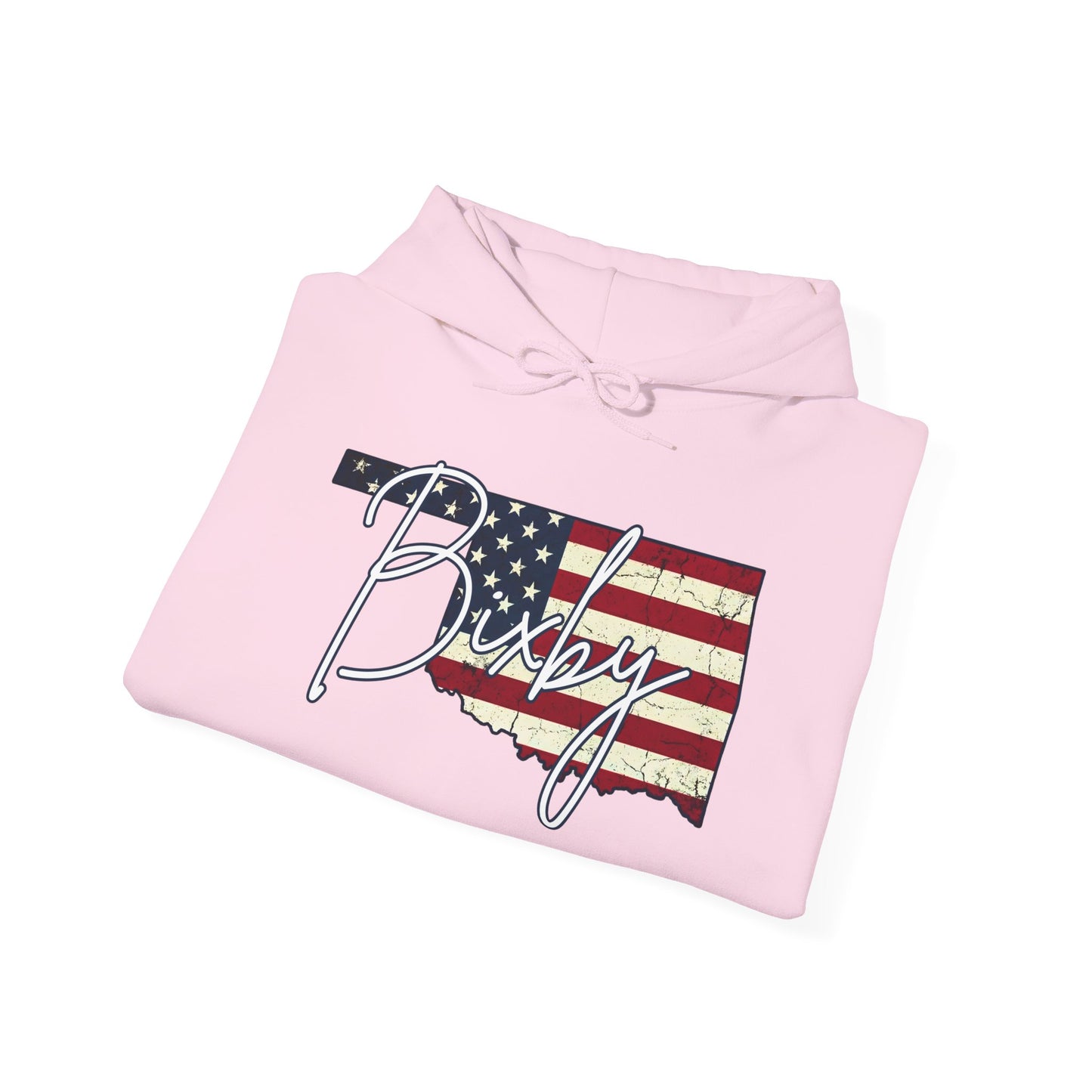 Oklahoma Flag Hoodie with "Bixby" Script Gildan Hoodie