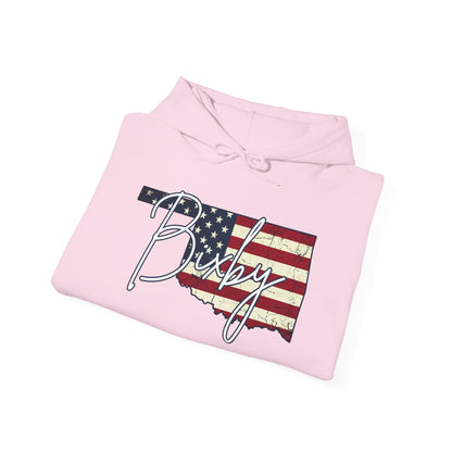 Oklahoma Flag Hoodie with "Bixby" Script Gildan Hoodie