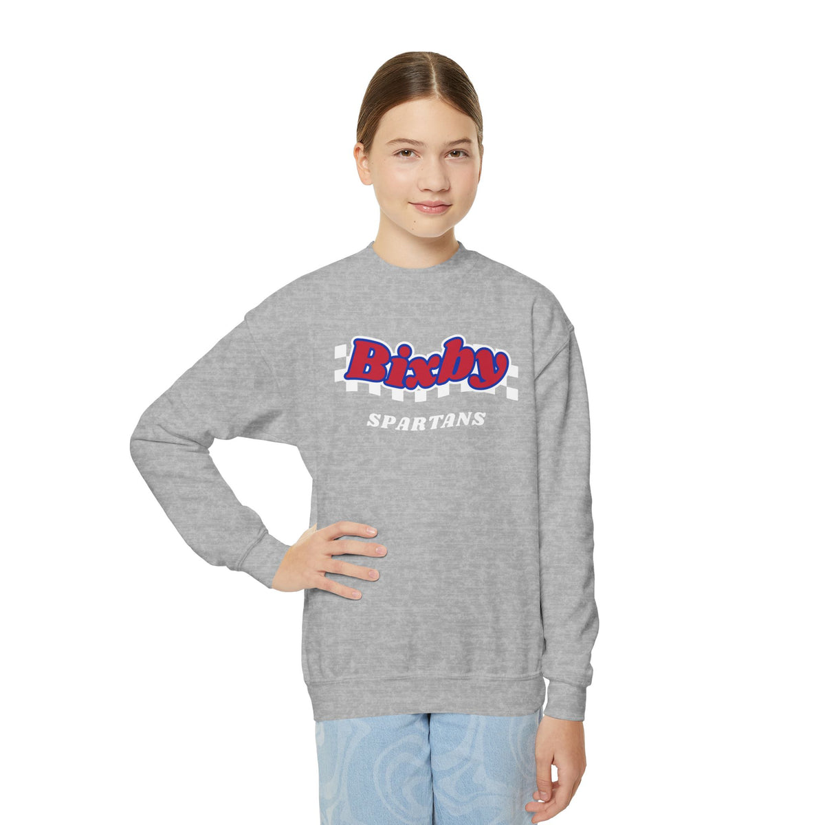 Bixby Spartans Retro Script Checkered Youth Sweatshirt – Kids Game Day Crewneck