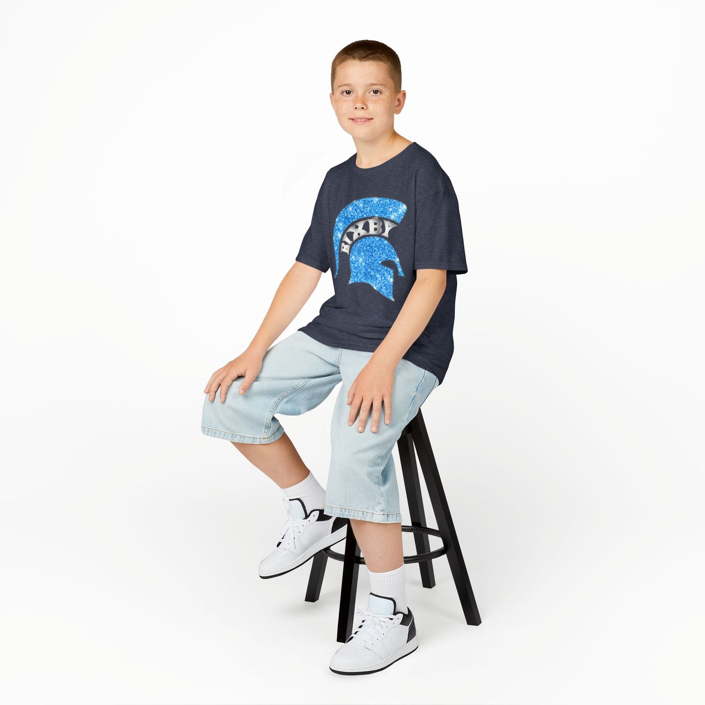 Bixby Spartan Blue Helmet Bling Youth Gildan Tee