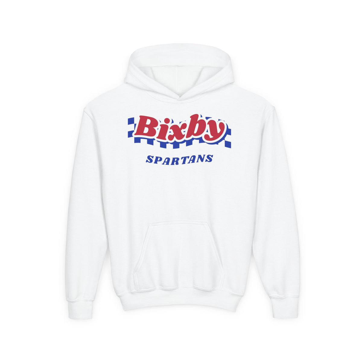 Bixby Spartans Retro Blue Checkered Script Youth Hoodie – Kids Vintage Game Day Hoodie