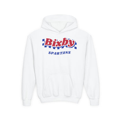 Bixby Spartans Retro Blue Checkered Script Youth Hoodie – Kids Vintage Game Day Hoodie