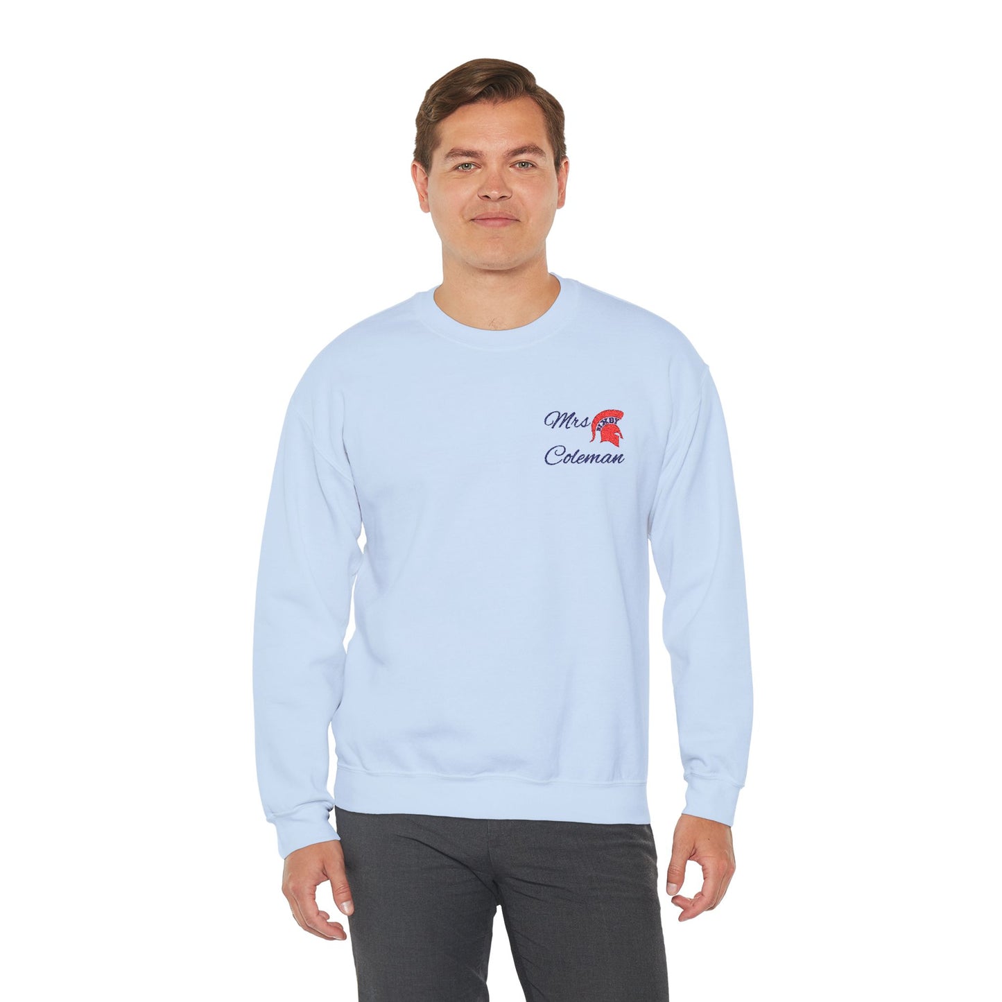 Personalized Spartan Helmet Embroidered Blue Lettering Gildan Sweatshirt