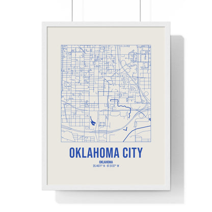 Oklahoma City Street Map Framed Print, Royal Blue on Cream