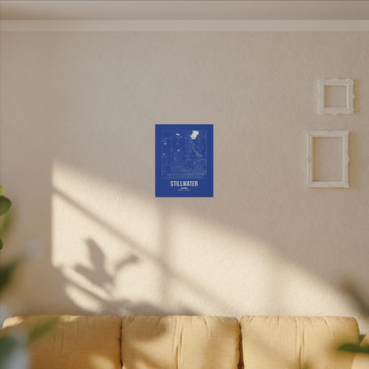Stillwater Street Map Canvas, White on Royal Blue
