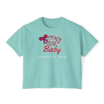 Bixby Spartans Football Mom Women's Boxy Tee – Leopard Football & Bow, White Lettering