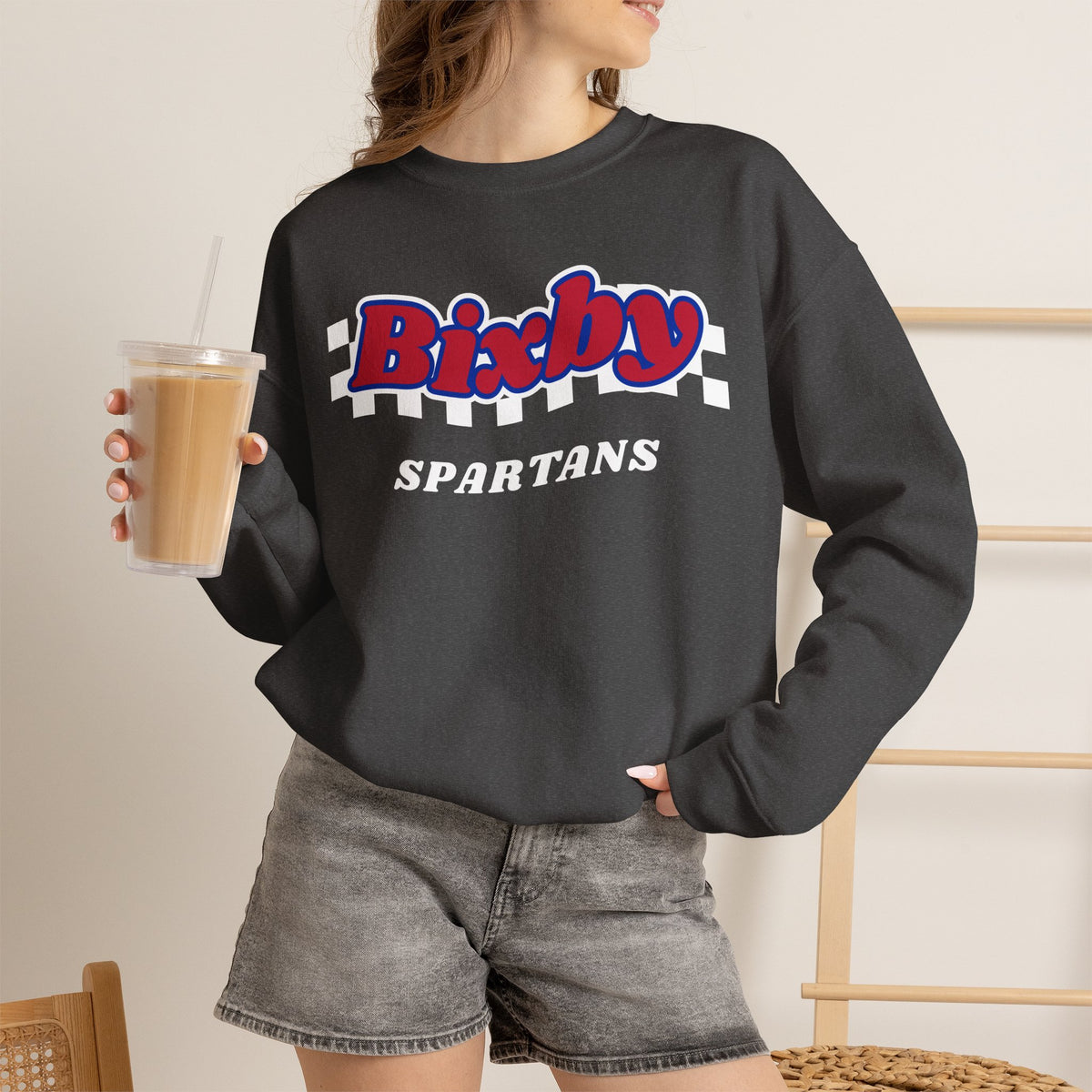 Bixby Spartans Retro Script Checkered Sweatshirt – Red, White & Blue Game Day Crewneck