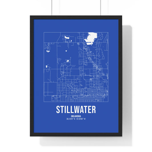 Stillwater Street Map Framed Print, White on Royal Blue