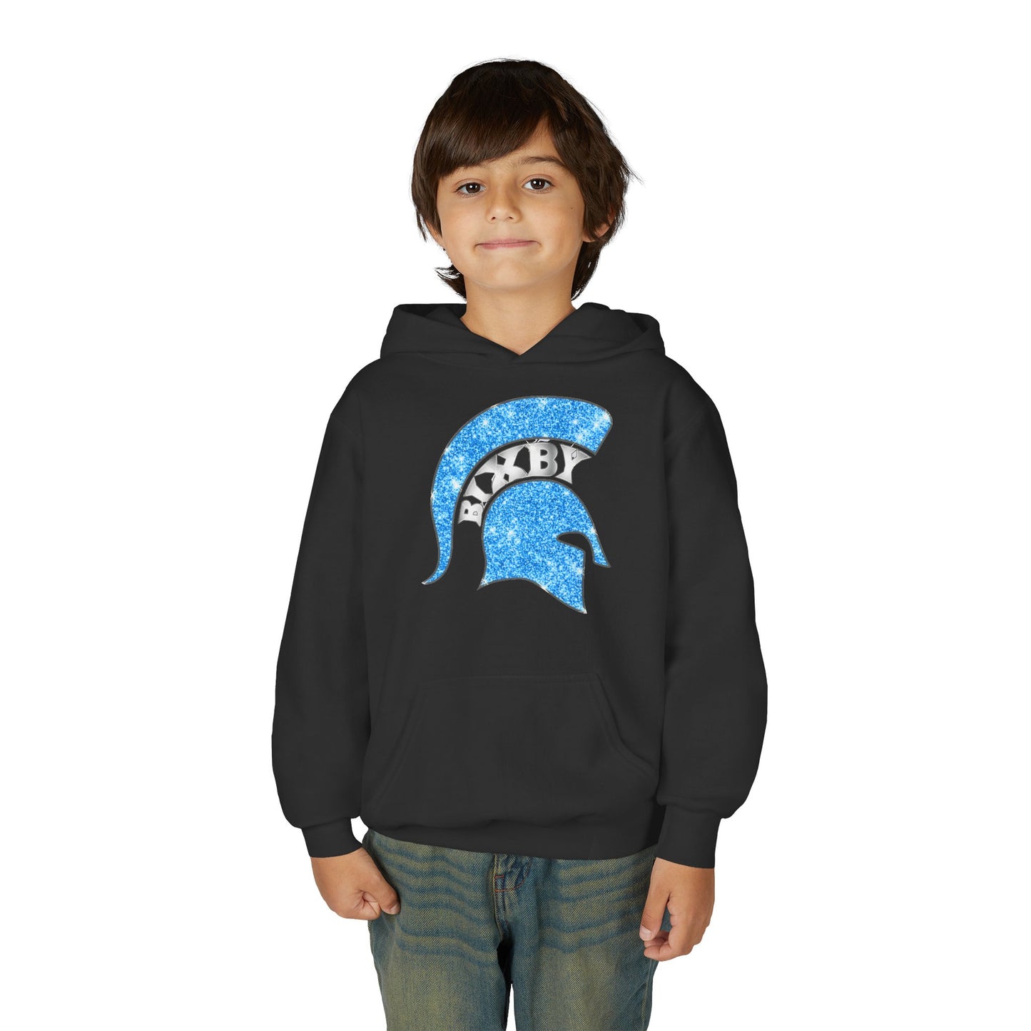 Bixby Spartan Blue Helmet Bling Youth Gildan Hoodie