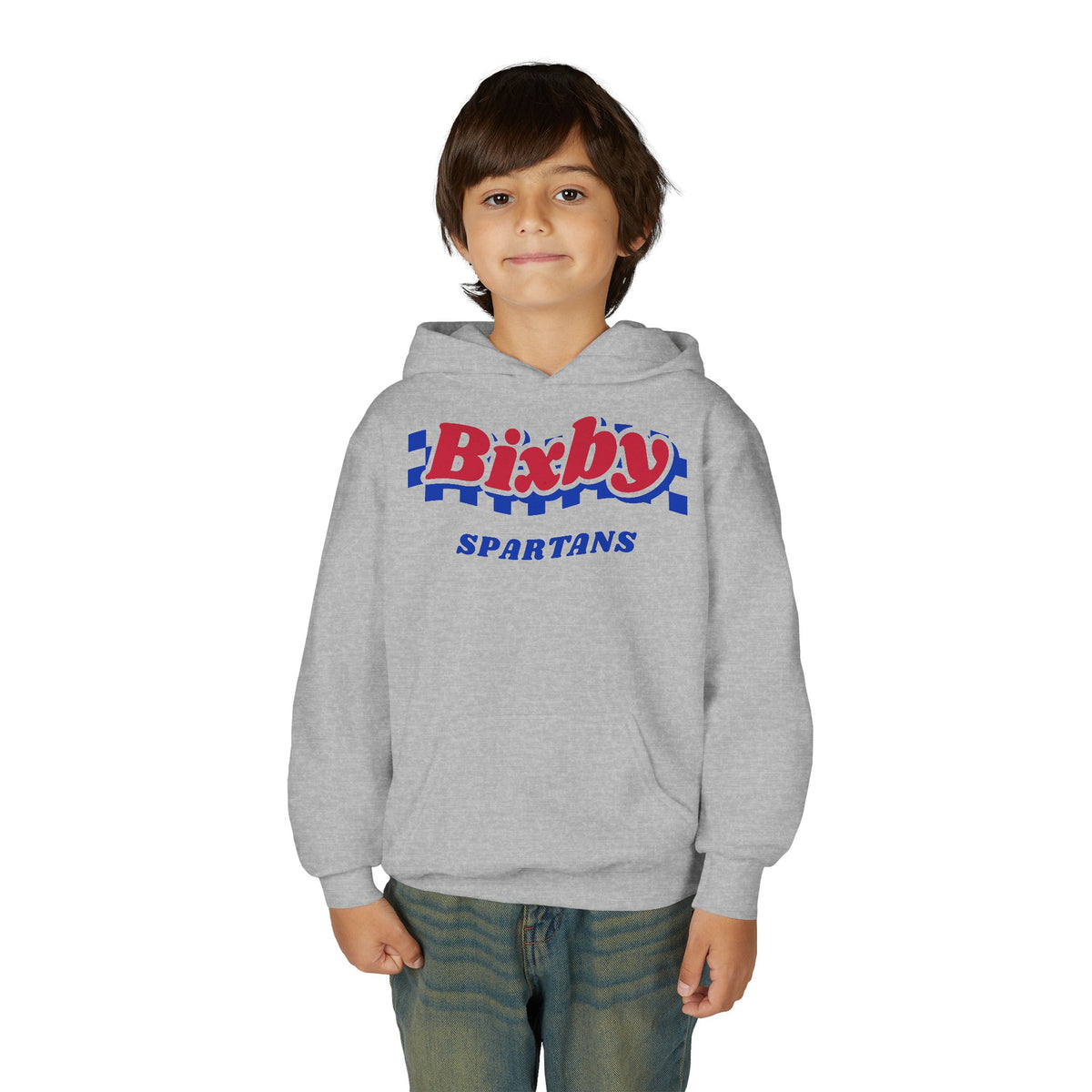 Bixby Spartans Retro Blue Checkered Script Youth Hoodie – Kids Vintage Game Day Hoodie