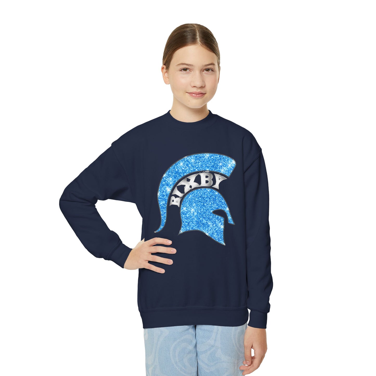 Bixby Spartan Helmet Bling Youth Gildan Sweatshirt