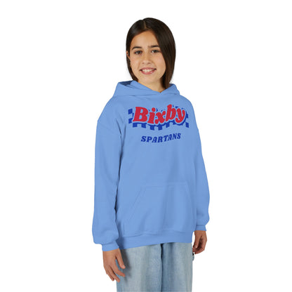 Bixby Spartans Retro Blue Checkered Script Youth Hoodie – Kids Vintage Game Day Hoodie
