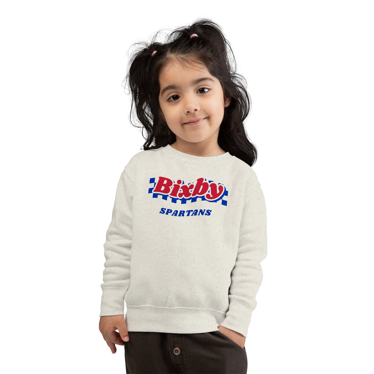 Bixby Spartans Retro Blue Checkered Script Toddler Sweatshirt – Little Spartan Vintage Crewneck
