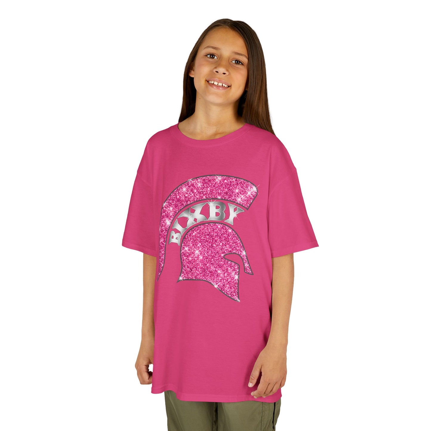 Bixby Spartan Pink Helmet Bling Youth Gildan Tee