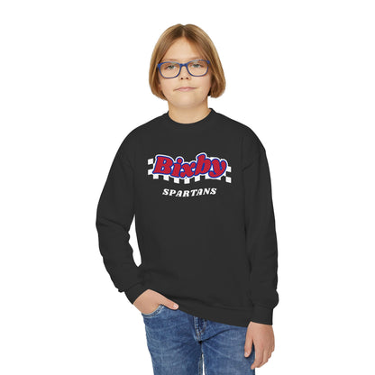 Bixby Spartans Retro Script Checkered Youth Sweatshirt – Kids Game Day Crewneck