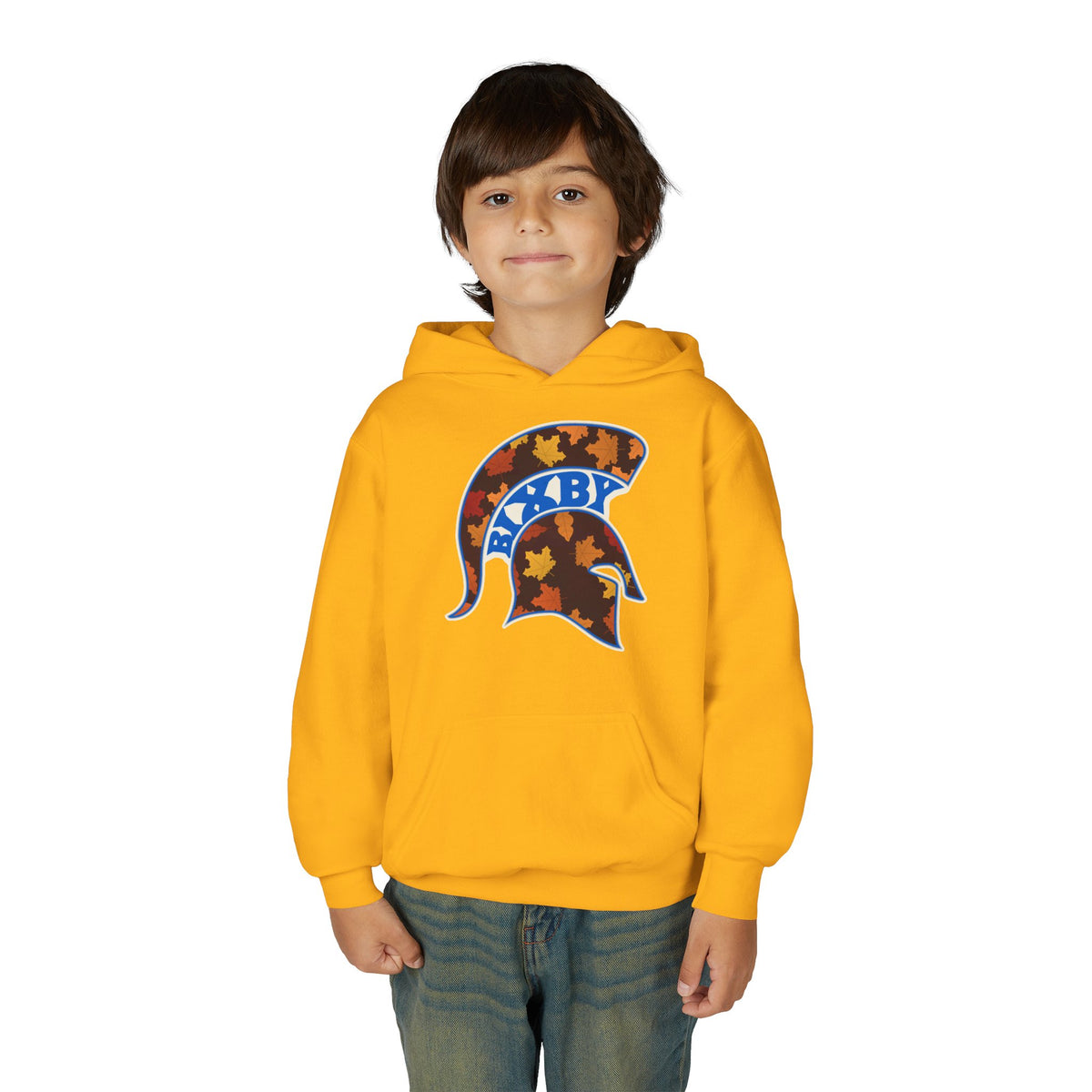Bixby Spartans Fall Leaves Helmet Youth Hoodie – Kids Autumn Game Day Hoodie