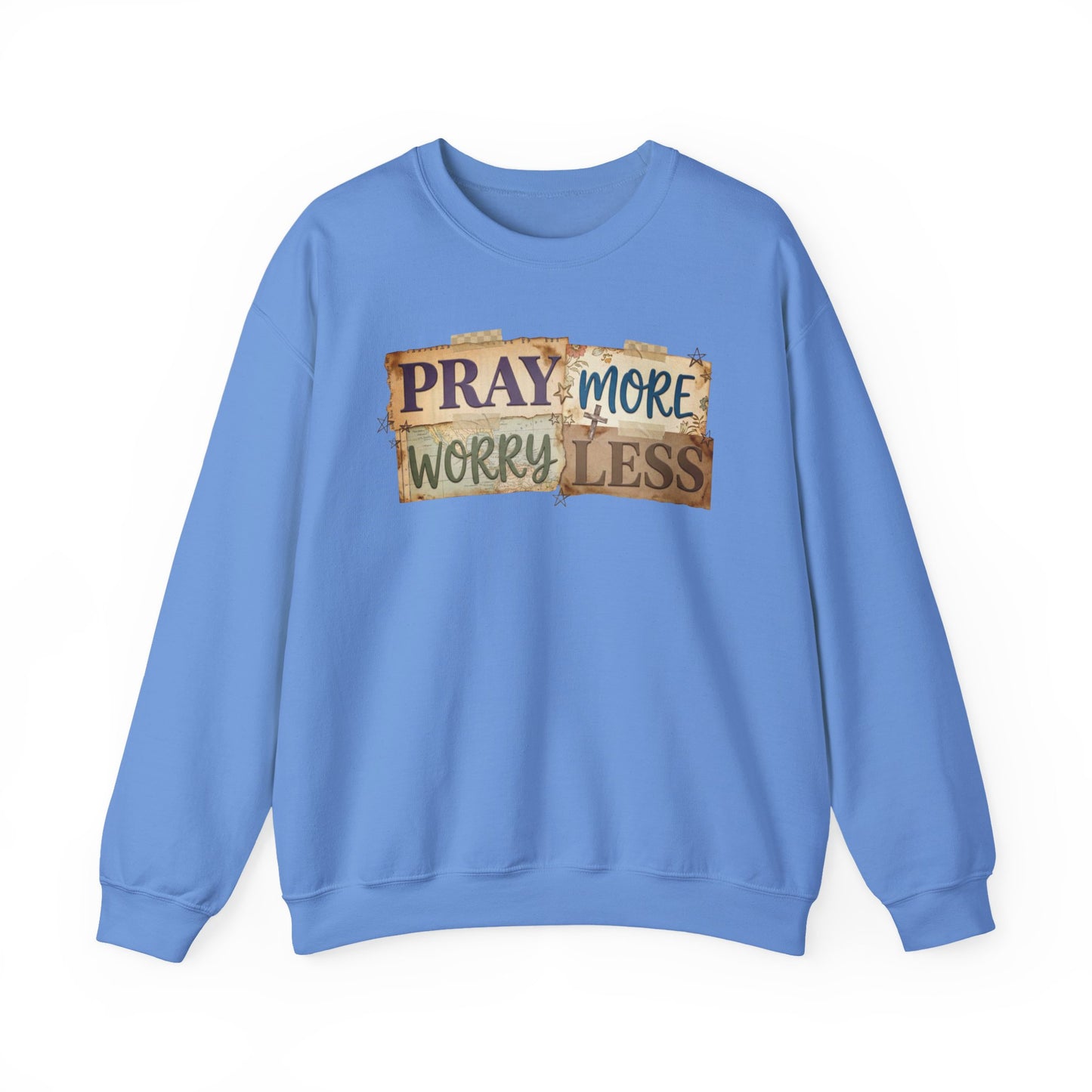 Pray More Worry Less Gildan Sweatshirt | Faith Christian Bible Verse Crewneck