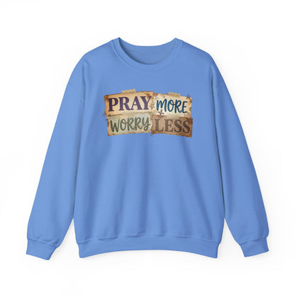Pray More Worry Less Gildan Sweatshirt | Faith Christian Bible Verse Crewneck