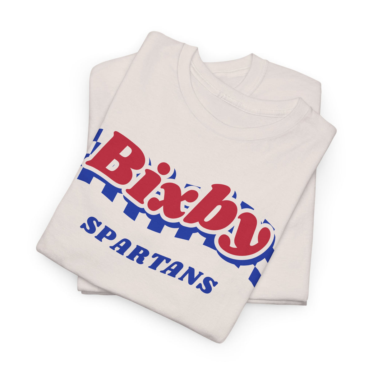 Bixby Spartans Retro Blue Checkered Script Tee – Vintage Game Day Shirt