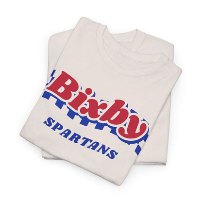Bixby Spartans Retro Blue Checkered Script Tee – Vintage Game Day Shirt