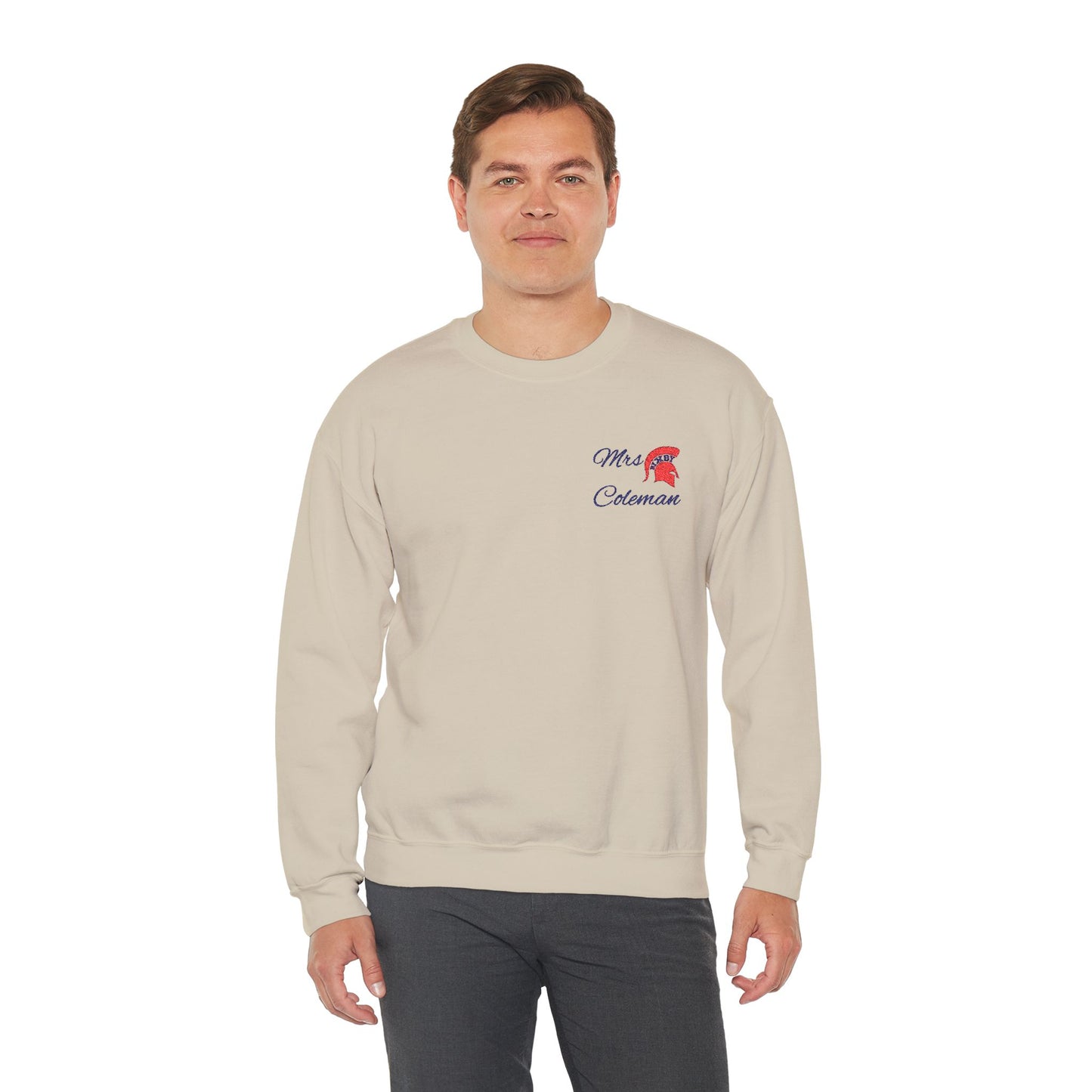 Personalized Spartan Helmet Embroidered Blue Lettering Gildan Sweatshirt