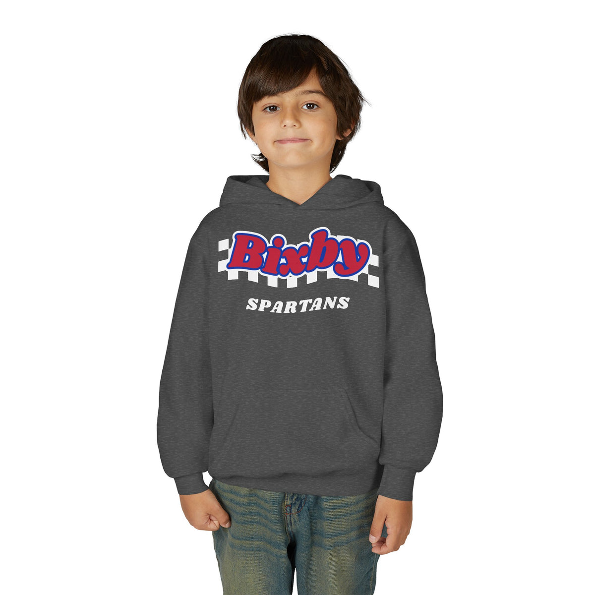 Bixby Spartans Retro Script Checkered Youth Hoodie – Kids Game Day Hoodie
