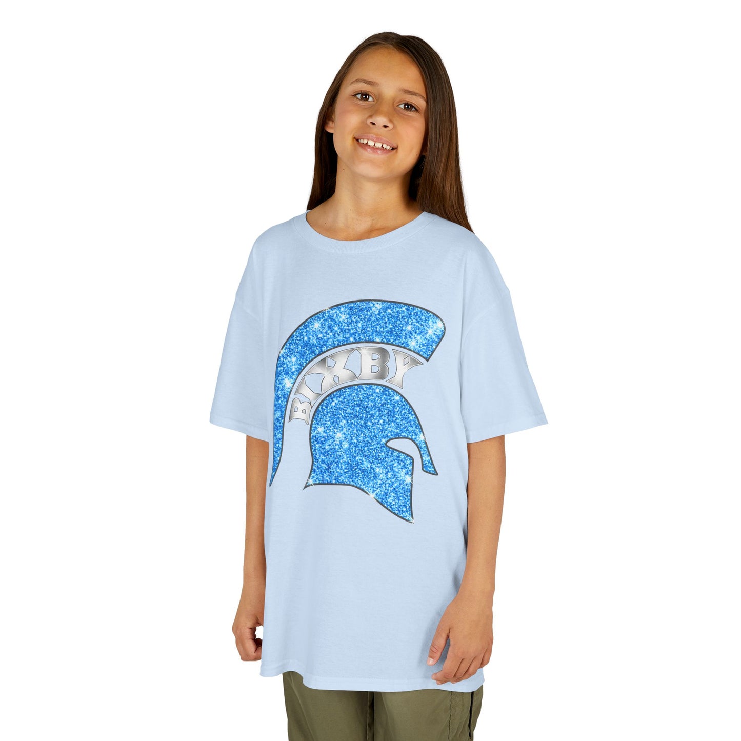 Bixby Spartan Blue Helmet Bling Youth Gildan Tee