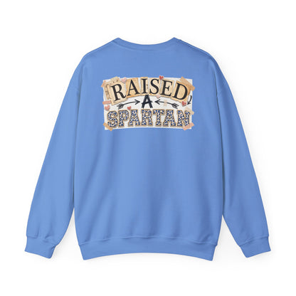Raised A Spartan Crewneck Gildan Sweatshirt with Spartan Logo