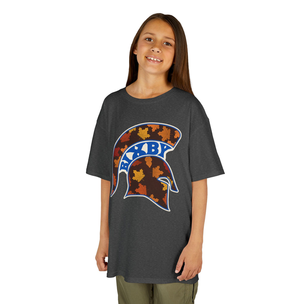 Bixby Spartans Fall Leaves Helmet Youth Tee – Kids Autumn Game Day Shirt