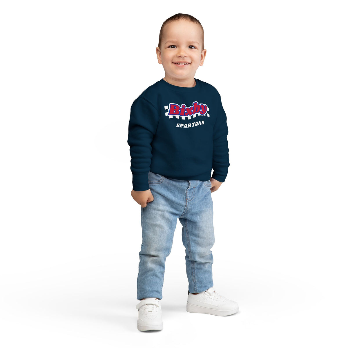 Bixby Spartans Retro Script Checkered Toddler Sweatshirt – Little Spartan Game Day Crewneck
