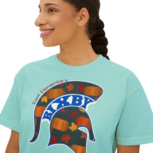 Bixby Spartans East Elementary Pumpkin Patch Helmet Women's Boxy Tee – Fall Mom Shirt