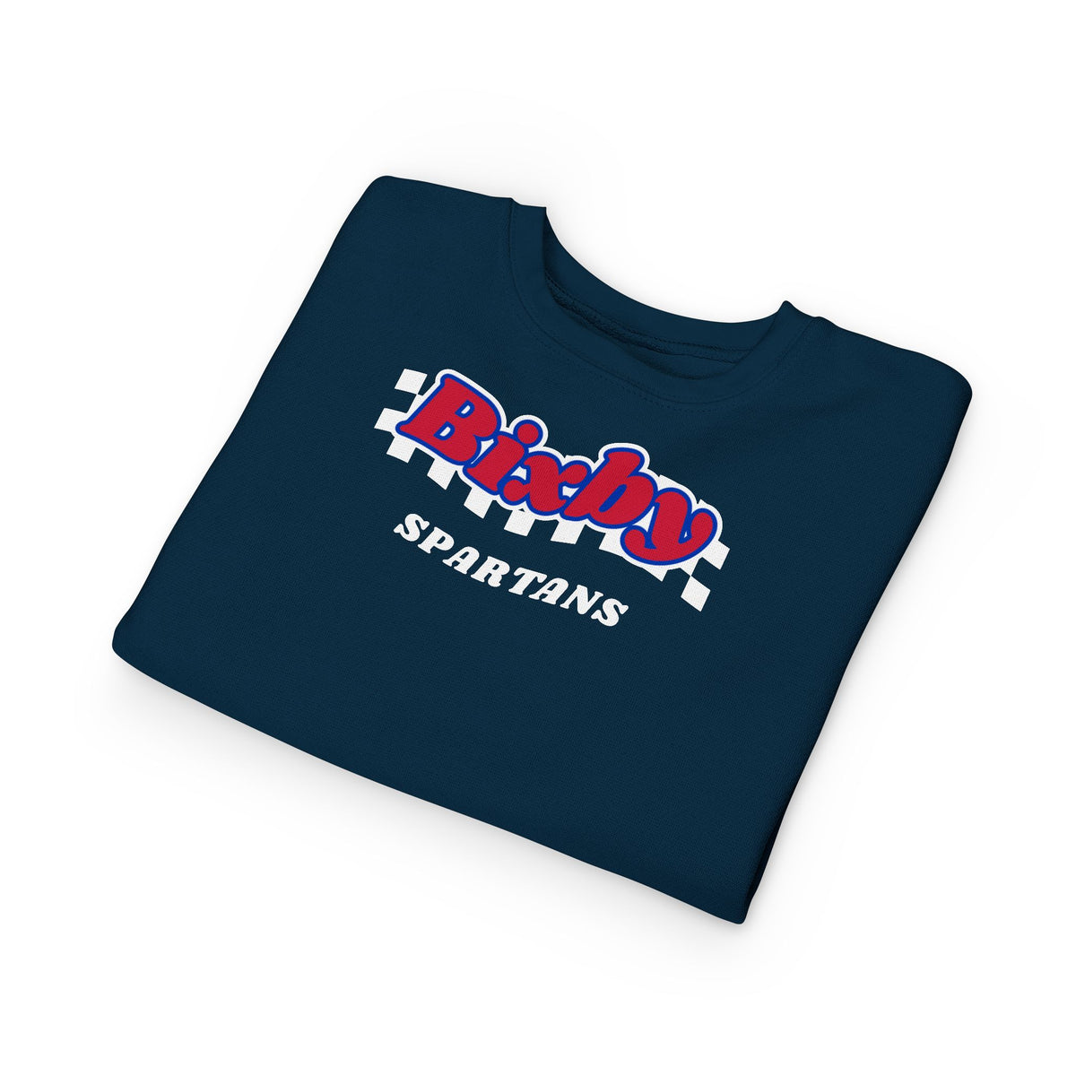 Bixby Spartans Retro Script Checkered Toddler Sweatshirt – Little Spartan Game Day Crewneck