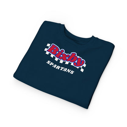 Bixby Spartans Retro Script Checkered Toddler Sweatshirt – Little Spartan Game Day Crewneck