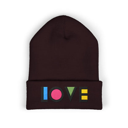 LOVE Embroidered Cuffed Beanie — Colorful Retro Knit Hat for Pride & Everyday Wear
