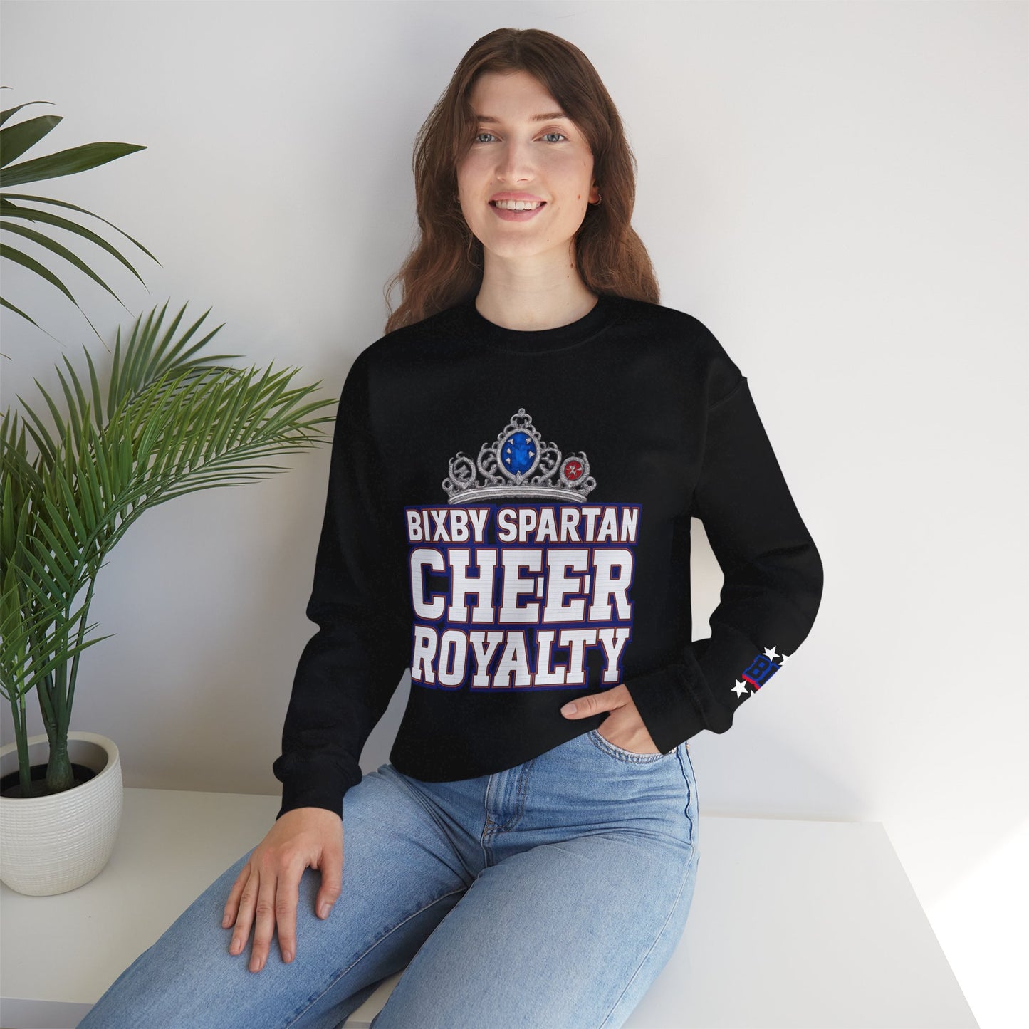 Bixby Spartan Cheer Royalty With Sleeve Print Gildan Sweatshirt