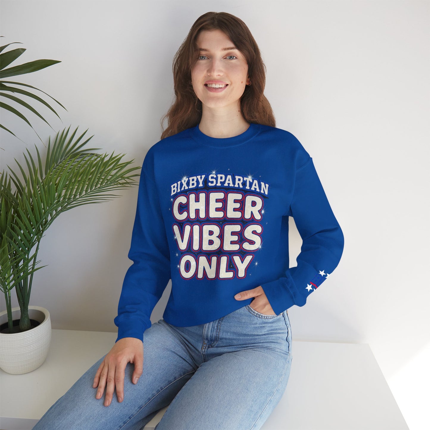Bixby Spartans Cheer Vibes With Sleeve Print Gildan Sweatshirt