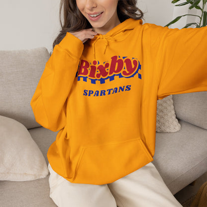 Bixby Spartans Retro Blue Checkered Script Hoodie – Vintage Game Day Hooded Sweatshirt