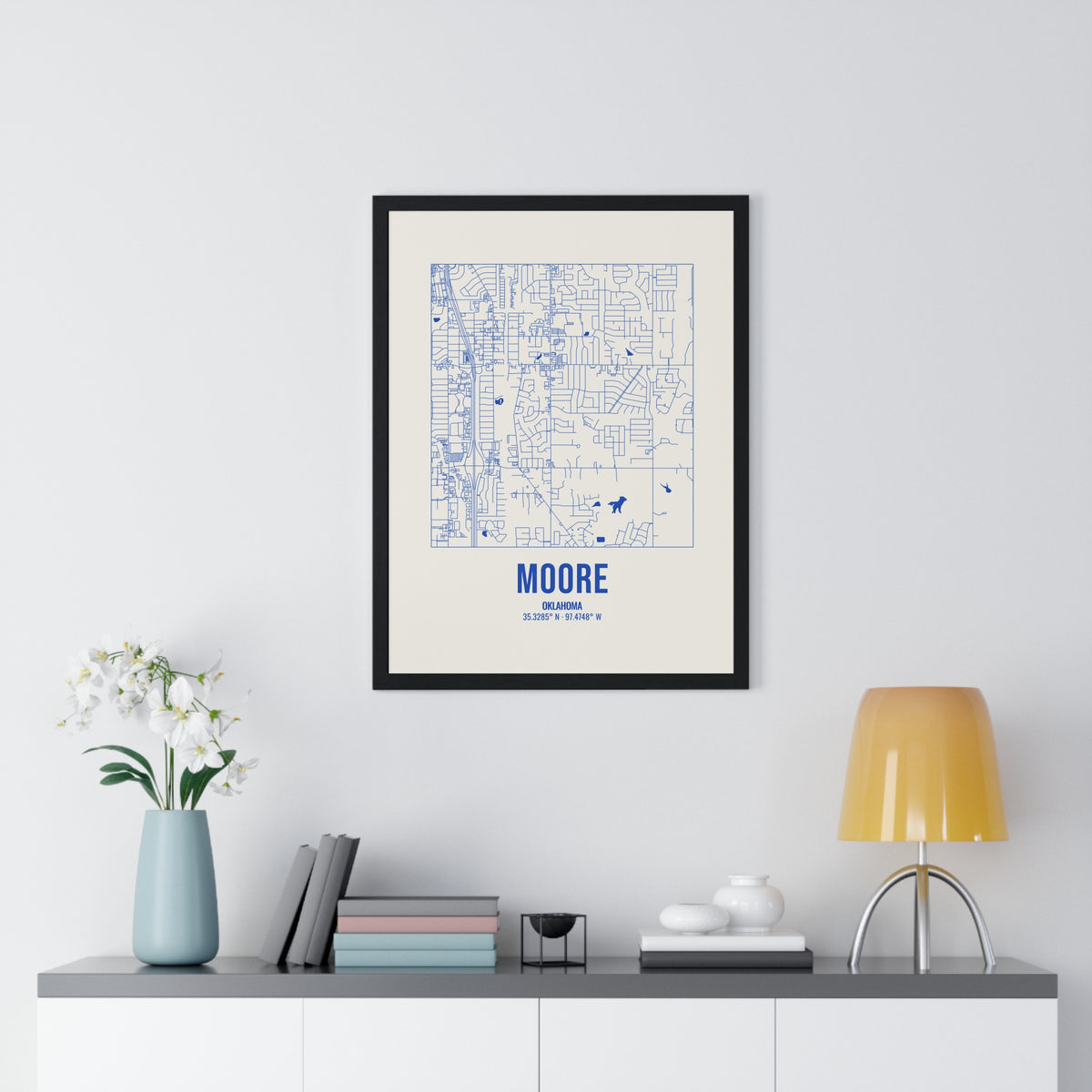 Moore Street Map Framed Print, Royal Blue on Cream