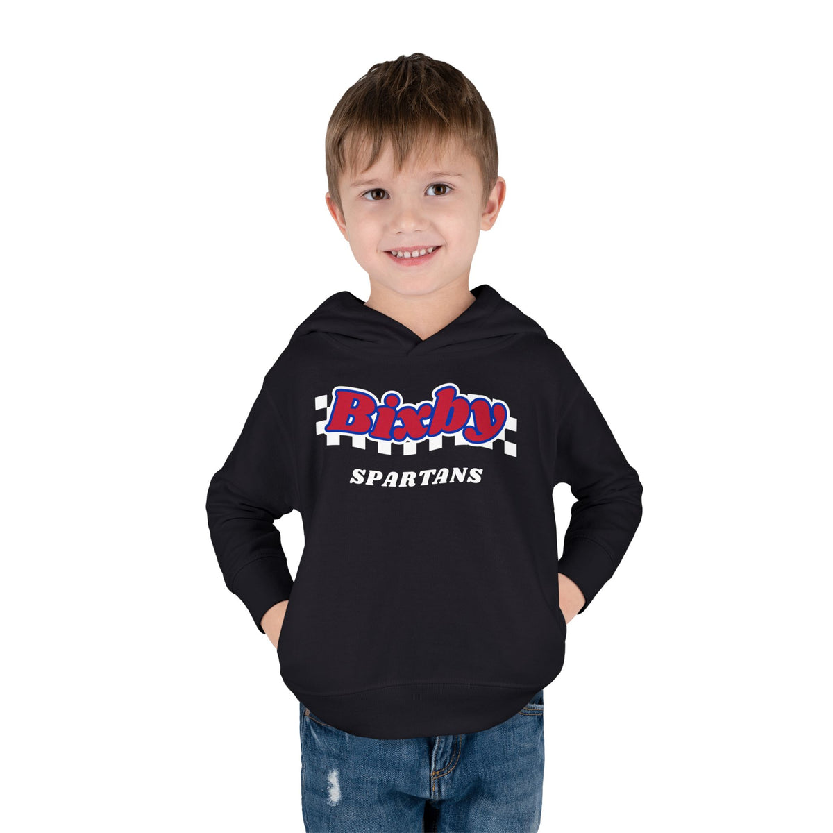 Bixby Spartans Retro Script Checkered Toddler Hoodie – Little Spartan Game Day Hoodie