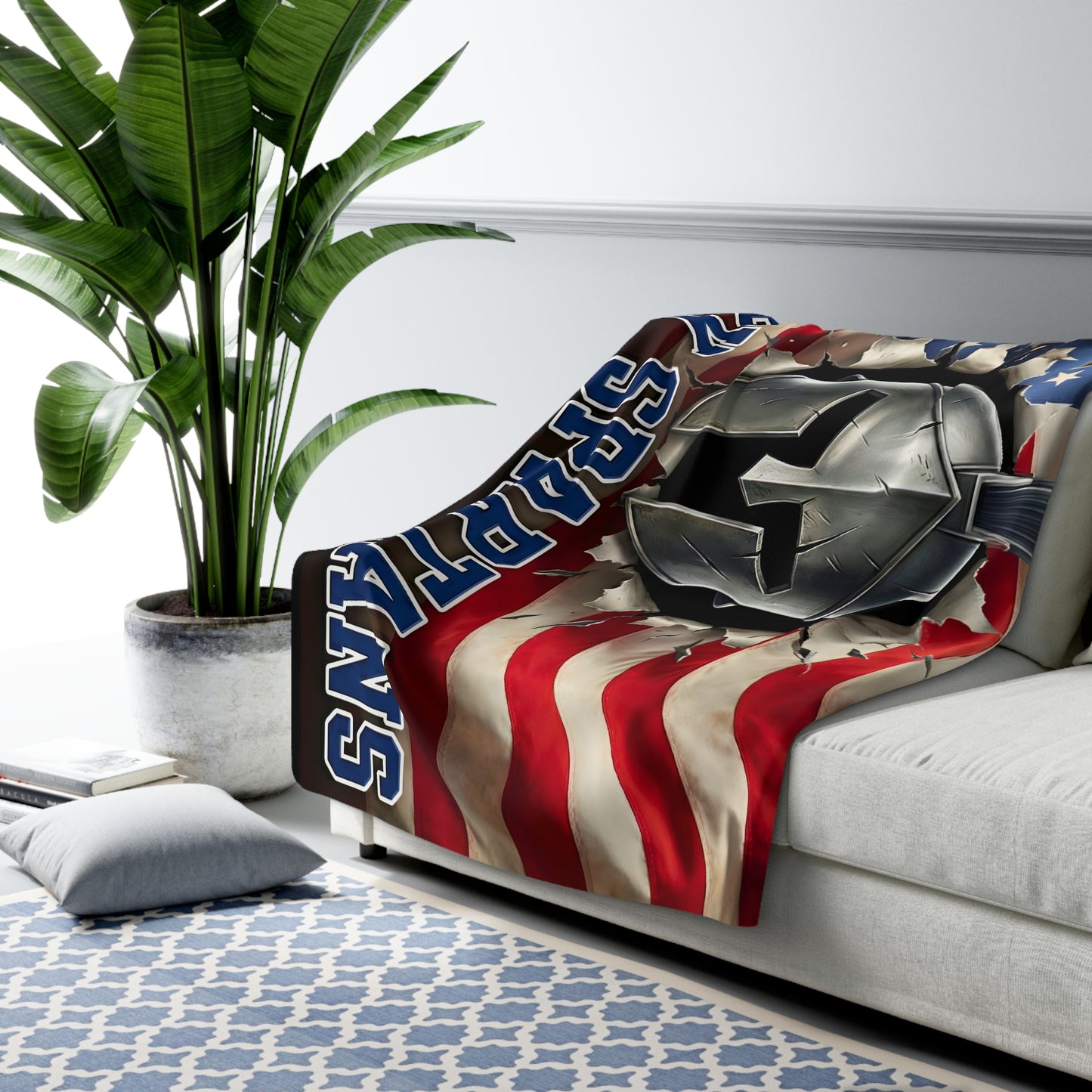 Bixby Spartans Sherpa Fleece Blanket — American Flag & Spartan Helmet (Valor • Pride • Community)