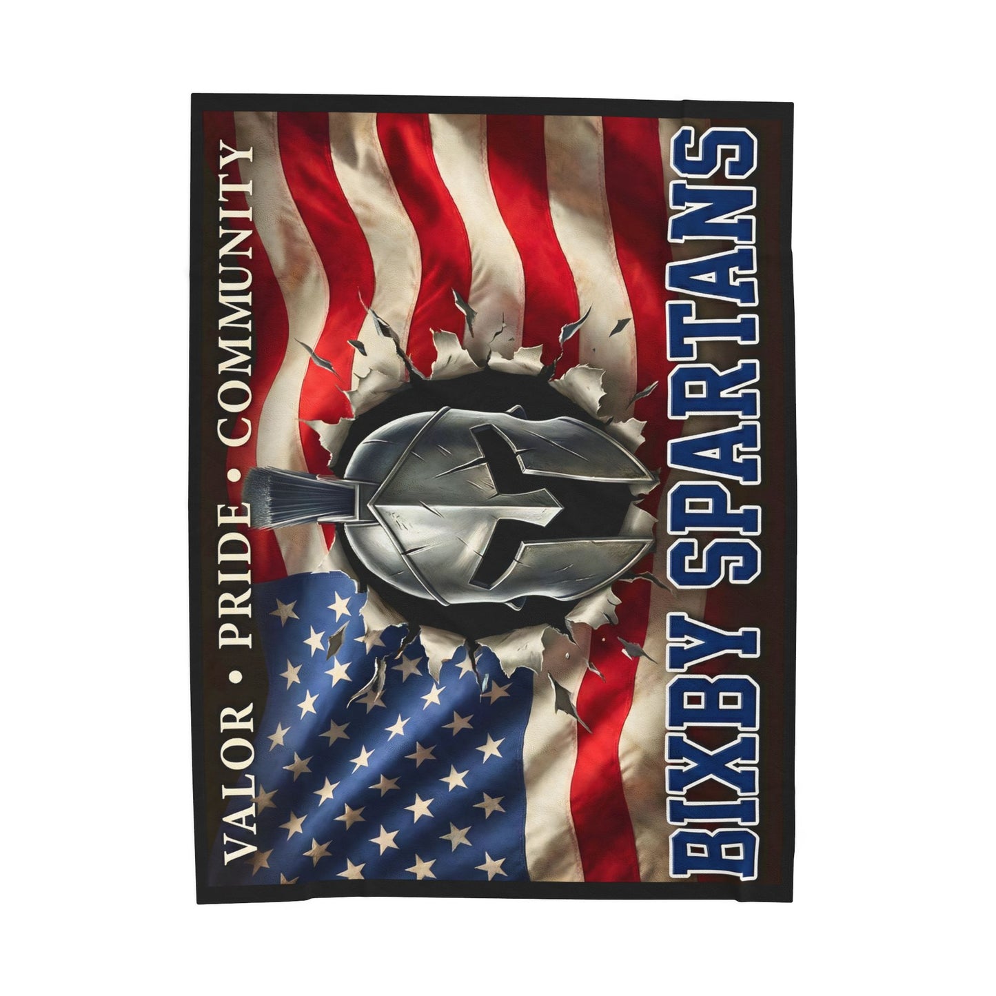 Bixby Spartans Velveteen Plush Blanket — Valor • Pride • Community with American Flag and Spartan Helmet